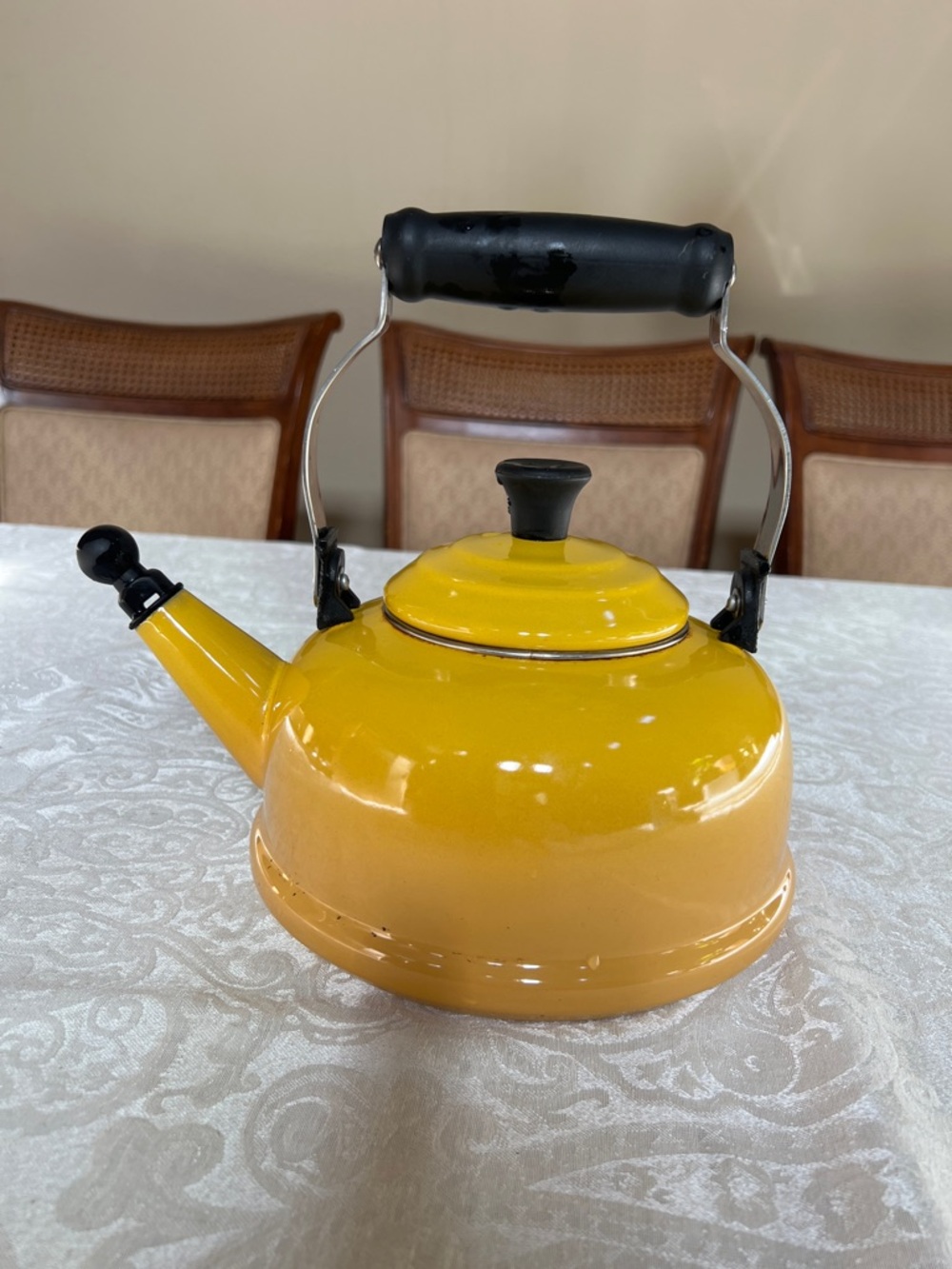 Le Creuset Yellow Enamel Stovetop Kettle with Black Handle and Spout Cap